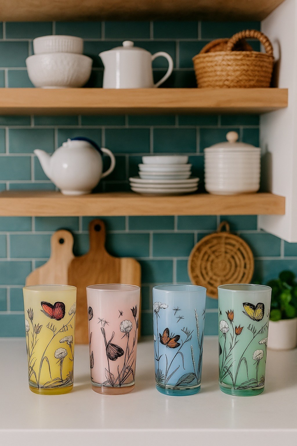 Vintage Gay Fad Studios Butterfly Glasses | Set of 4 Hand Painted Pastel Tumbler