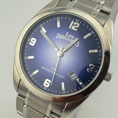 Lee Dungarees Quartz Watch Men 30m Silver Blue Date Japan Analog New Battery 8''