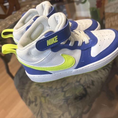 Nike Toddler High Top Sneakers White blue and yellow Vel-cro Strap Used 10C