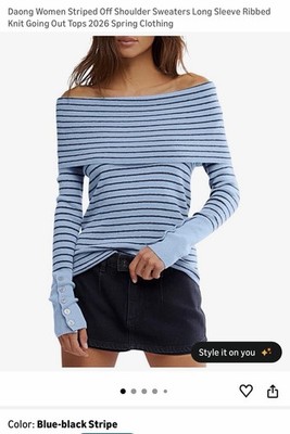 Makabo Women's Off-Shoulder Long Sleeve Ribbed Knit Sweater Blue-Black Stripe XL