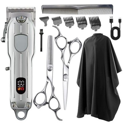 Men Professional Digital Hair Clipper Haircut Set W/ Scissors & Combs Xmas Gift