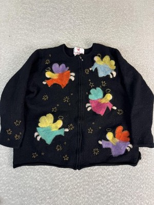 Quacker Factory Cardigan Sweater Womens 1X Black 100% Wool Angel Christmas Zip