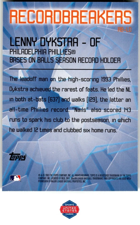 2003 Topps #RB-LD Lenny Dykstra Record Breakers (Series Two) - Image 2 of 2