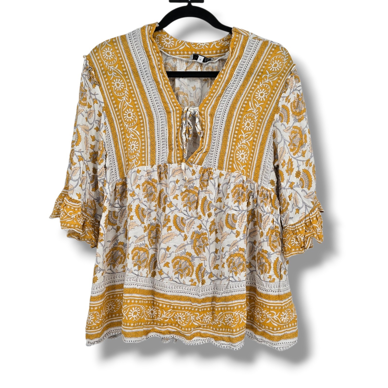 Rachel Zoe Womens Mustard Yellow Floral Boho Babydoll Blouse Ruffle Sleeve Small