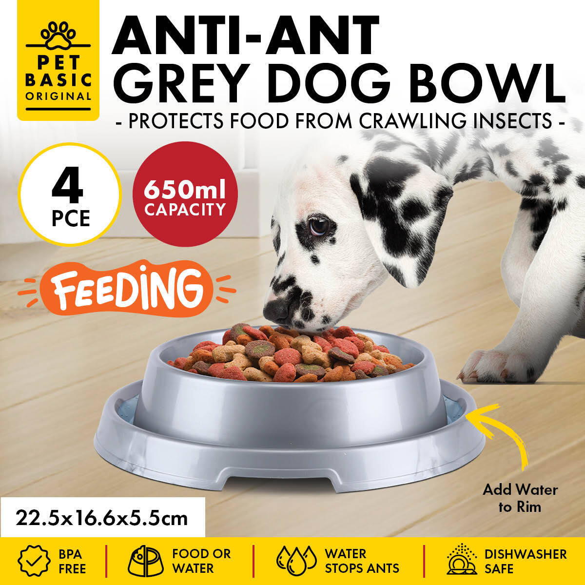 Pet Basic 4PCE Dog Bowl Ant Proof Designed Rim Durable NonSlip Base 22
