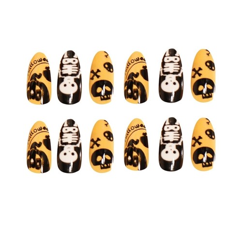 24 Halloween Press on nails kit w glue Black Skulls goth Skeletons Cute - Picture 2 of 3