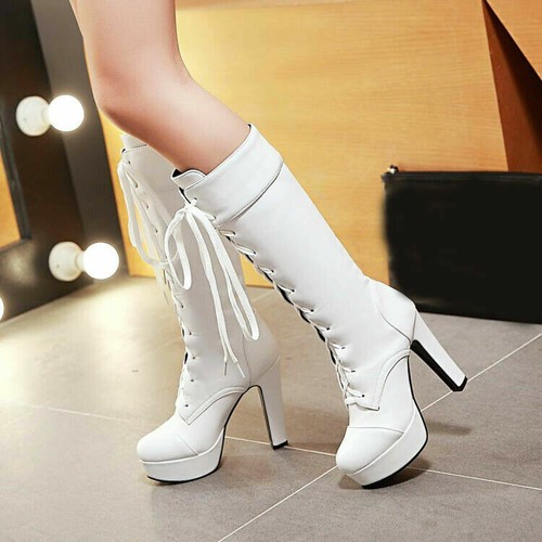 Damen Highheels Blockabsatz Plateau Schnürung Kniehoch Stiefel Pumps Party Sexy - Picture 3 of 12