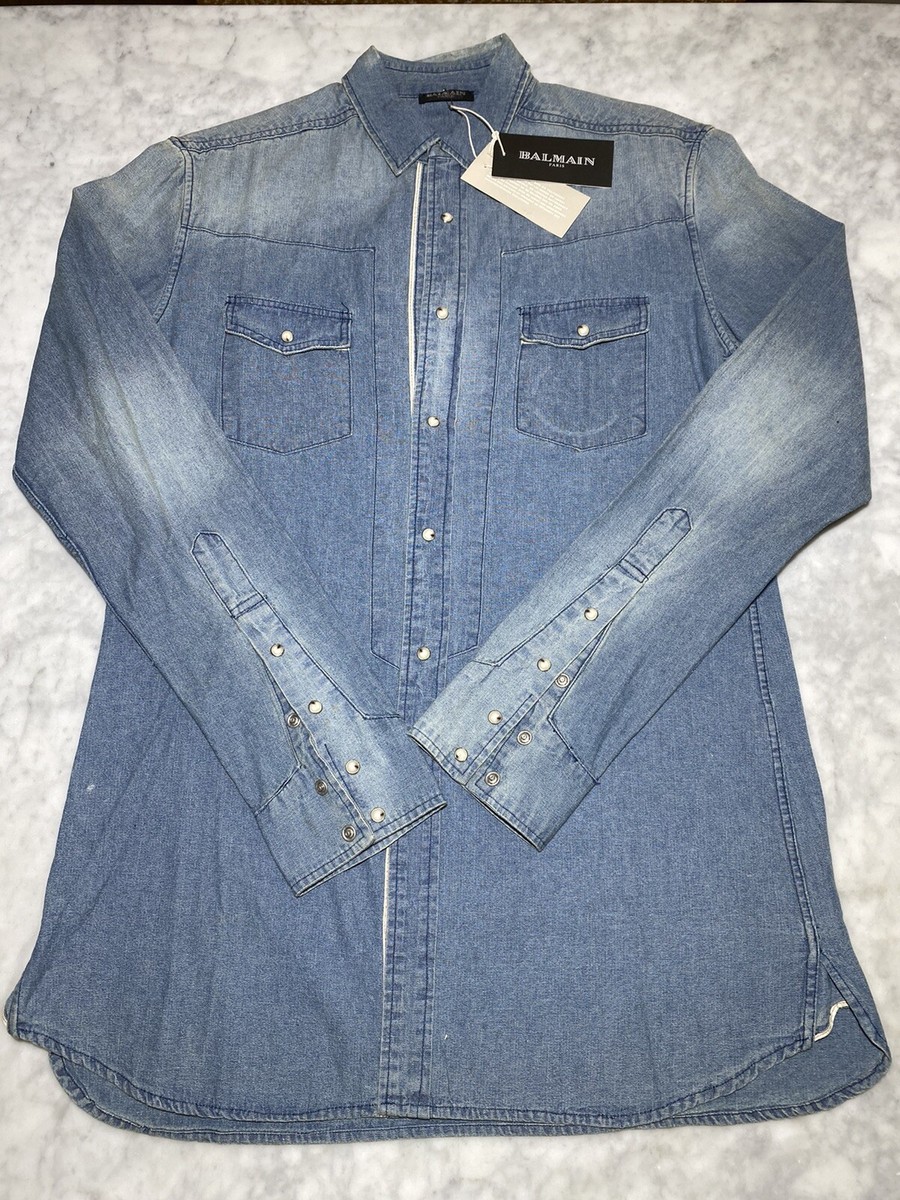 BALMAIN-Iconic Distressed Denim Pearl Snap Button Denim Shirt-Men’s  M-Rare-New