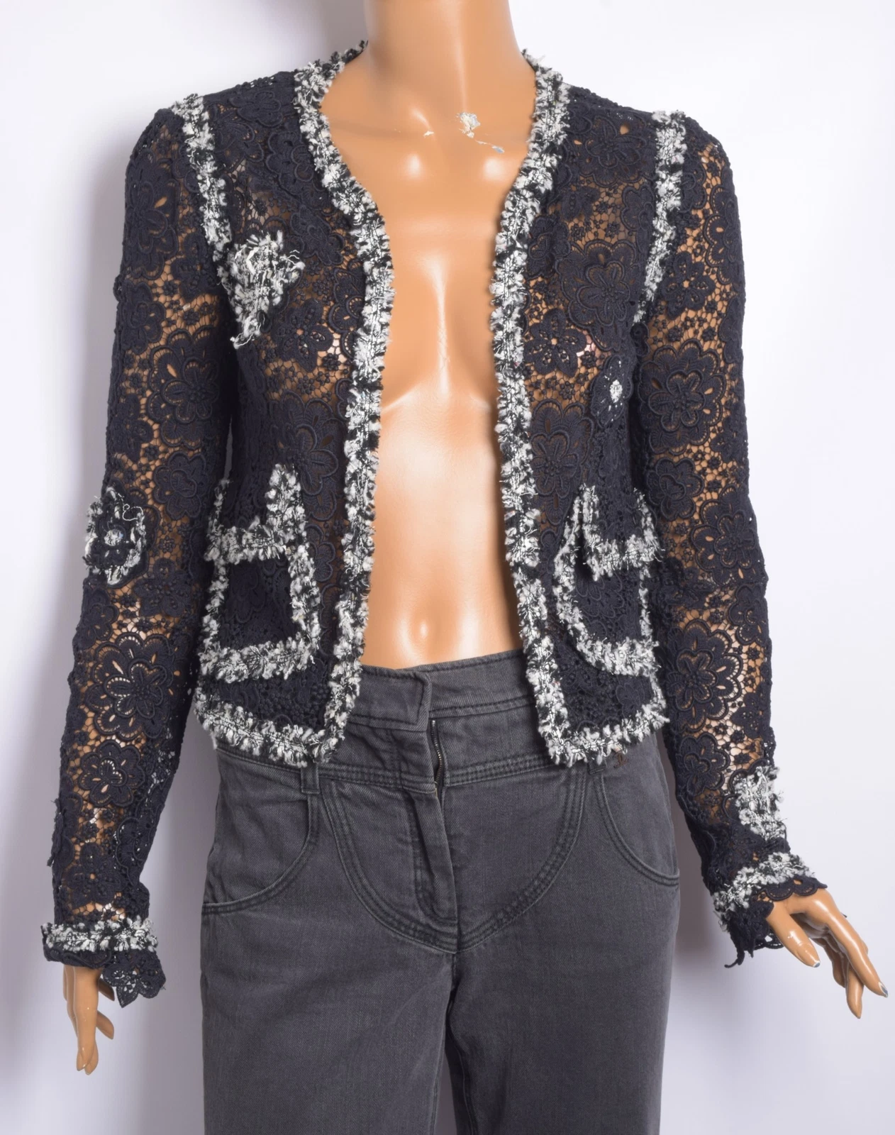 Giacca CHANEL vintage donna nero blazer cotone pizzo floreale maniche lunghe FR 36 S