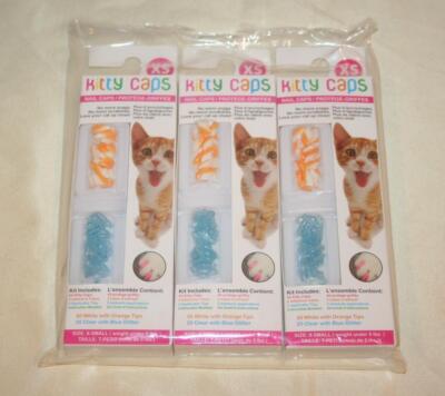 Kitty Nail Caps Cats XS 3 Pack (120) Claw Covers Orange & Blue kitten Under 5lb