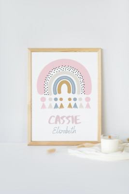 Childrens Nursery Name Personalised Print Poster Paper Pink Teal Rainbow Tassels