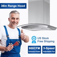 36 inch Island Range Hood Vent Kitchen Fan 900CFM 3-Speed Tempered Glass w/LEDs