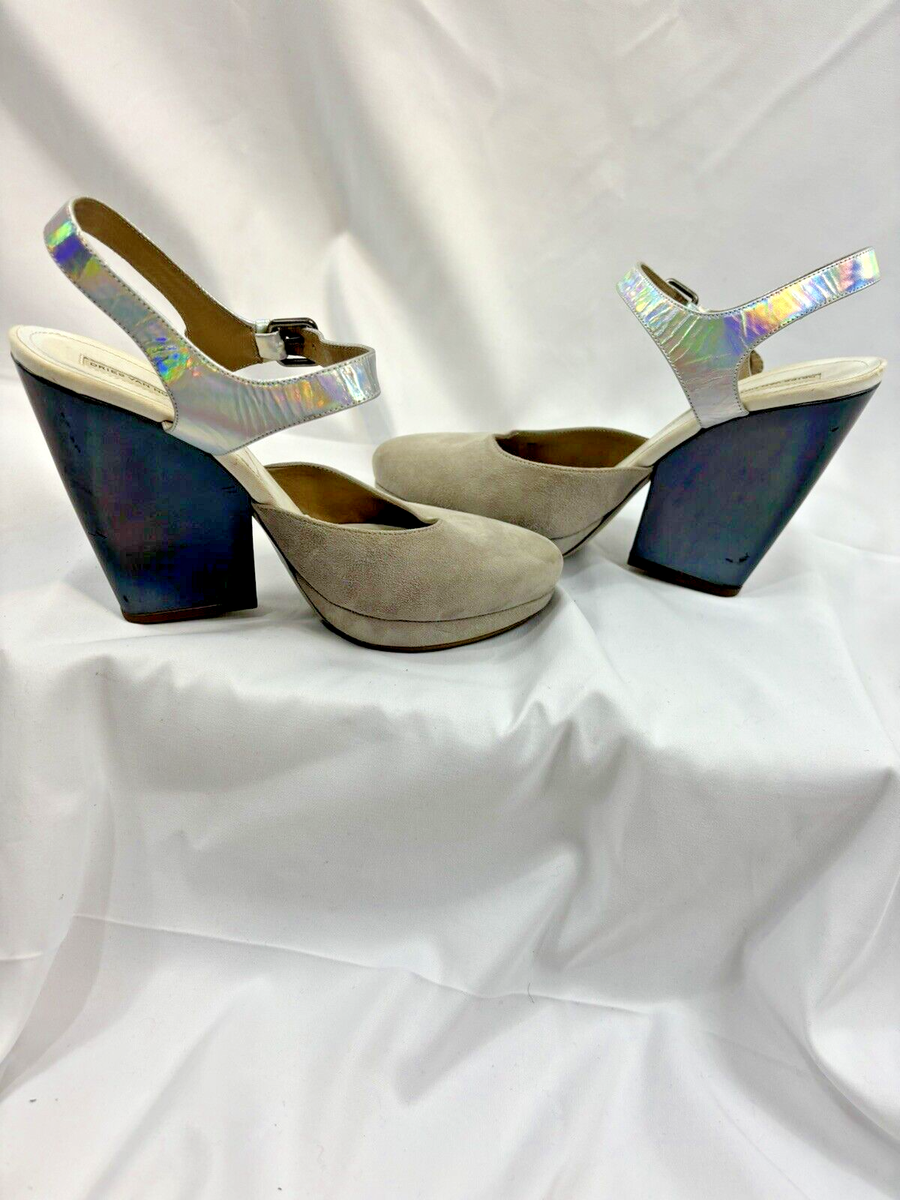 DRIES VAN NOTEN Iridescent Grey and Suede Platform Pumps, Size 40