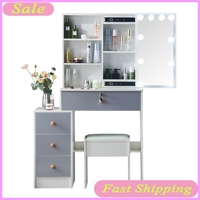 10 LED Lichter Makeup Vanity, Schminktisch mit Hocker und Schiebespiegel Set NEW