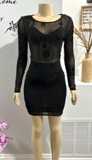 BANJUL Women’s Black Long Sleeve Dress Bodycon Size M Medium Sheer Mesh Velvet