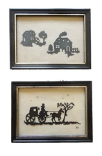 Antique Style Vintage Silhouette Art Framed Houses Horse & Buggy Cart Small Set