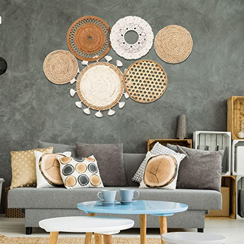 Boho Wall Baskets Decor Set of 6 Flat Woven Basket Wall Hanging Decor Round - Picture 5 of 7