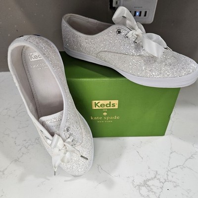 Keds x Kate Spade Glitter Lace Up Sneakers White Silver Women's
