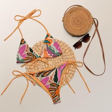 Tangerine Tropic Abstract Print String Bikini Swimsuit