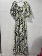 Label of Love Green Black Leaf Print Bell-shaped Off-the-Shoulder Maxi Dress S