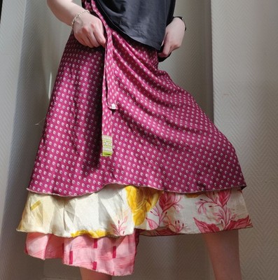 VTG Darn Good Yarn Burgundy Sari Wrap Skirt 0-12 Midi Boho Adjustable Layered