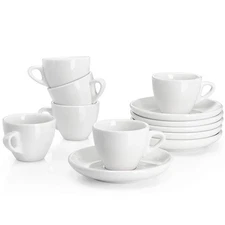 Sweese 2oz Espresso Cups & Saucers Set of 6 White Porcelain Coffee Cups