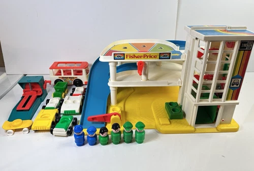 Vintage Fisher Price Little People Parking Garage with Cars Figures Mini Bus