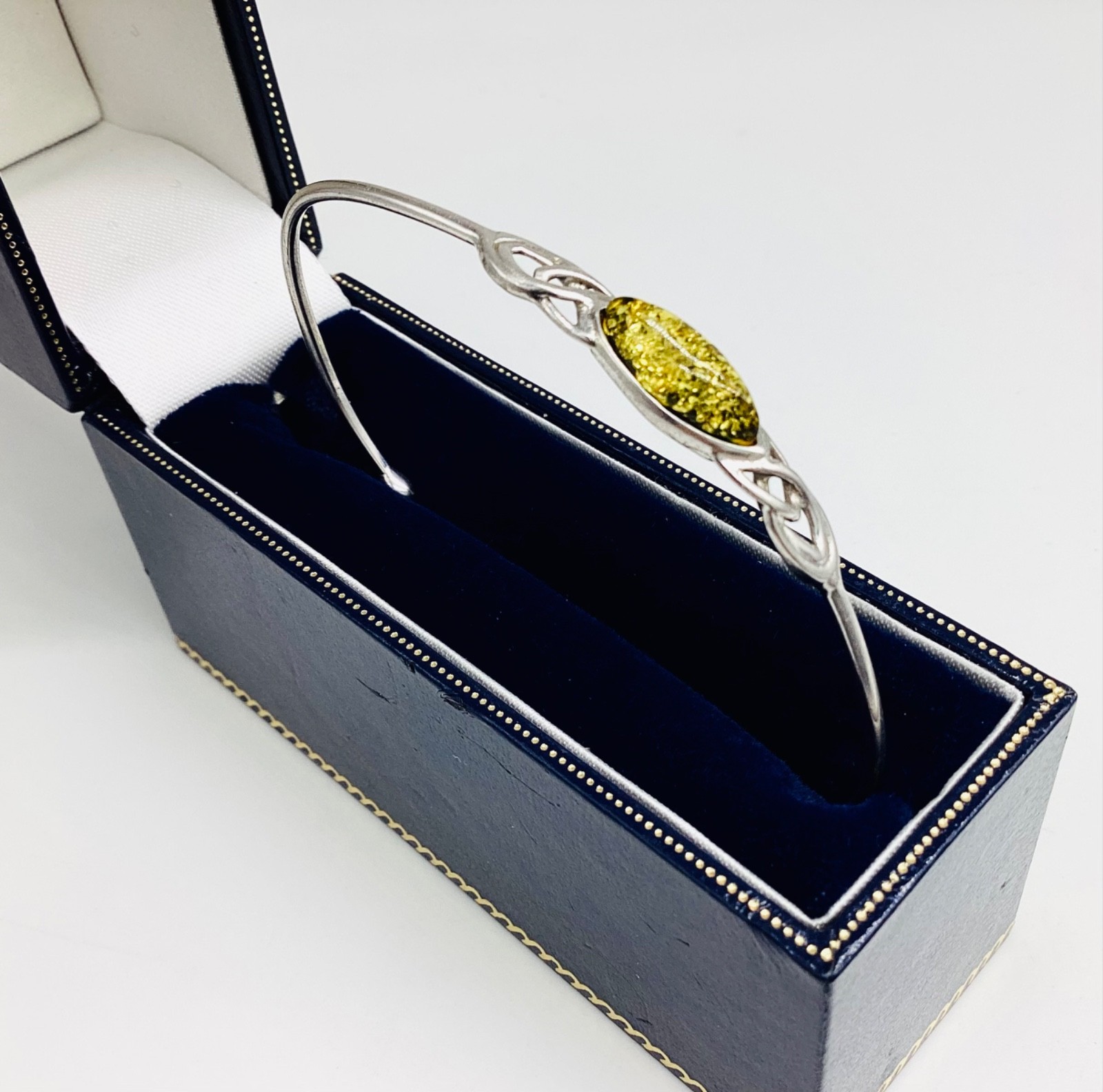 Solid Silver Torque Green Amber Bangle Vintage in… - image 1