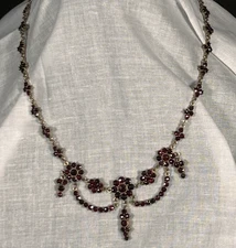 🌹 Antique Bohemian Garnet Necklace Gilt Floral Drop Victorian Revival c.1880s