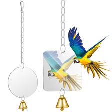 2 Pcs Bird Mirror Toys with Bell Hanging for Parrot Cage Decoration