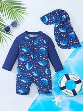 Shark Print Swimsuit 2pcs Boys' Cartoon Shark and Fish Print Size 3-4Y