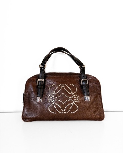 Loewe Studded Anagram Burgundy Leather Handbag 00's