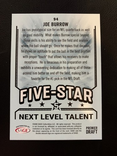 Joe Burrow 2020 Sage HIT #94 Five-star Next Level Talent Rookie RC - Picture 2 of 2