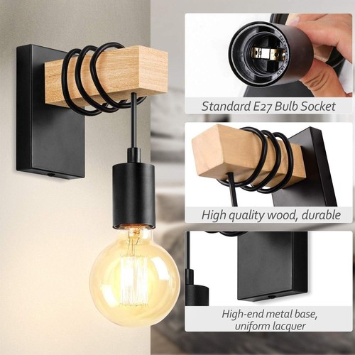 Lightess 2 Pack Wooden Wall Light Vintage Industrial Wall Sconce Light Indoor Ru - Picture 2 of 7