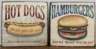 2 Vintage Style Tin Signs Hamburgers-"Stop In..." & Hot Dogs-"You'll..." 14"x14"