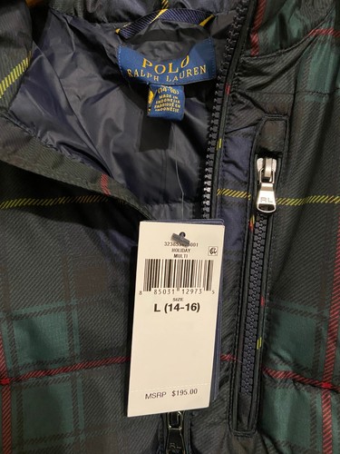 Polo Bear Ralph Lauren Down Puffer Jacket Tartan Plaid Youth Size L Kids 14-16 - Picture 9 of 11