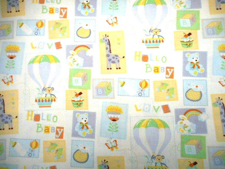 Nursery Fabric By Yard Hello Baby Patch Blue Yellow Green Ivory Cotton C - Image 2 of 2