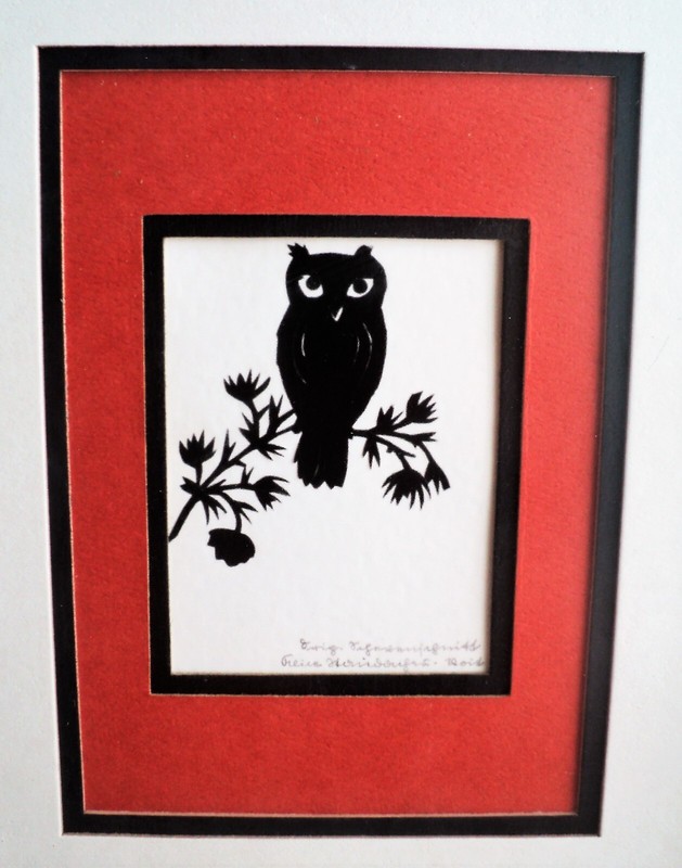 Vtg Halloween SILHOUETTE Paper Scissor Art OWL ON BRANCH Scherenschnitte Signed