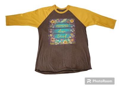 Crazy Train 3/4 Sleeve Baseball Graphic Floral Top Shirt Size Large Gray Yellow