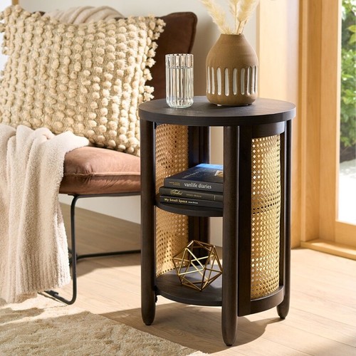 Springwood Caning Side Table Round Open Storage Rattan Accents Indoor Home Decor - Picture 2 of 10