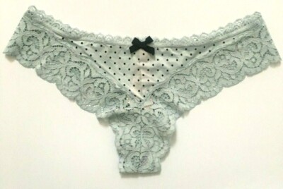Victorias Secret Blue Black Casual Dot Lace Thong Panties S-M-XL Silky Smooth