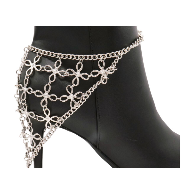 Women Silver Metal Chain Boot Bracelet Shoe Flower Triangle Charm Floral Style