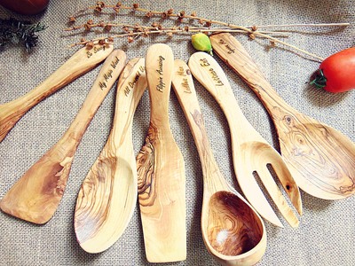 Olive Wood Kitchen Utensils Set - Ladle Spatula Mixing Spoons