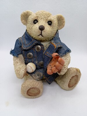 VINTAGE 6 in TEDDY BEAR DRESSED IN DENIM W/  BASEBALL AND GLOVE 1985 - 1996
