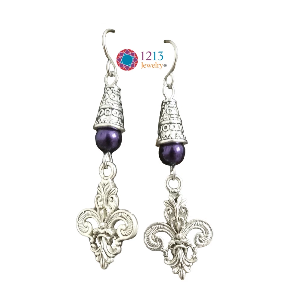 Fleur De Lis Handmade Earrings on Steel Ear Wires Purple Accent by 1213 Jewelry - Image 3 of 4