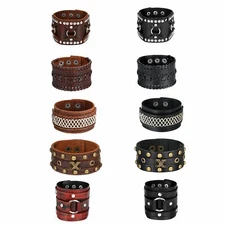 Men's Punk Wide Braided Rivet Leather Belt Wrap Wristband Bangle Cuff Bracelet