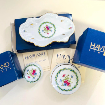 Haviland Limoges Vieux Paris Green Vert Lidded box 2 & Plate 1 , Set of 3 Unused