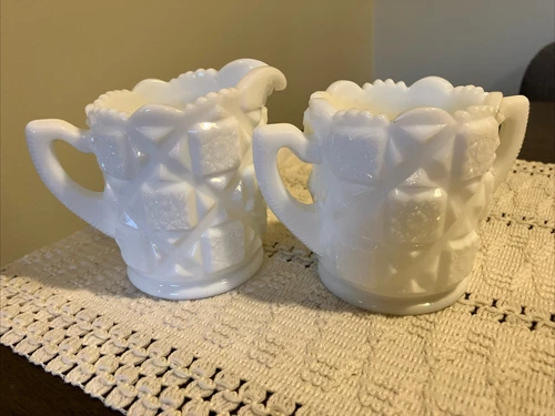 Vintage Westmoreland Milk Glass “Old Quilt” Sugar and Creamer Set.  Height 3”.