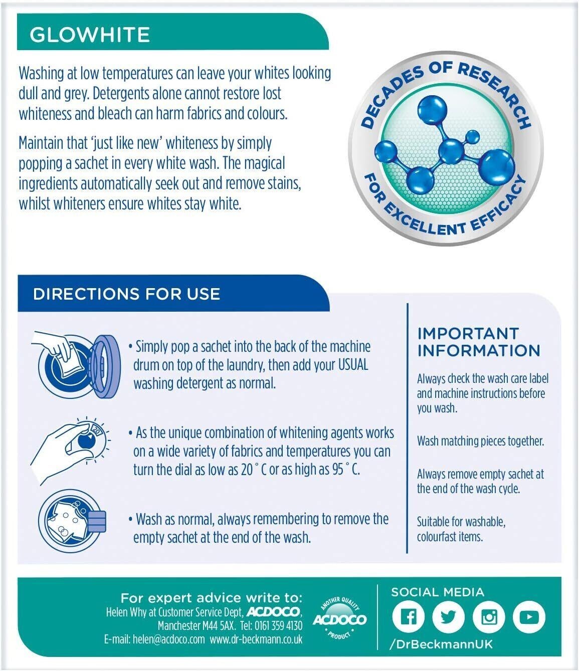 Dr Beckmann Glowhite with Stain Remover 5 inwash Sachets 6 packs Free