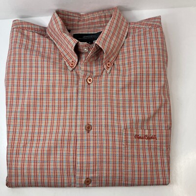 Pierre Cardin Casual Button-Down Short Sleeve Shirt Mens L Striped Orange 
